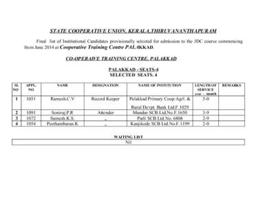 STATE COOPERATIVE UNION, KERALA,THIRUVANANTHAPURAM Final list of Institutional Candidates provisionally selected for admission to the JDC course commencing from June 2014 at Cooperative Training Centre PALAKKAD. CO-OPERA