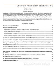 COLUMBIA	
  RIVER	
  BASIN	
  TEAM	
  MEETING	
   October	
  1–2,	
  2014	
   Heathman	
  Lodge	
   Vancouver,	
  Washington	
   Attendees:	
  Eric	
  Anderson,	
  Rick	
  Boatner,	
  Steve	
  Bollens