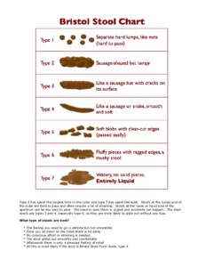 Type 1 has spent the longest time in the colon and type 7 has spent the least. Stools at the lumpy end of the scale are hard to pass and often require a lot of straining. Stools at the loose or liquid end of the spectrum