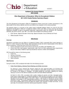 [removed]Ashland City School District IRN[removed]Ohio Department of Education, Office for Exceptional Children[removed]Onsite Review Summary Report