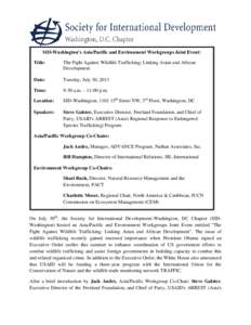 SID-Washington’s Asia/Pacific and Environment Workgroups Joint Event: Title: The Fight Against Wildlife Trafficking; Linking Asian and African Development