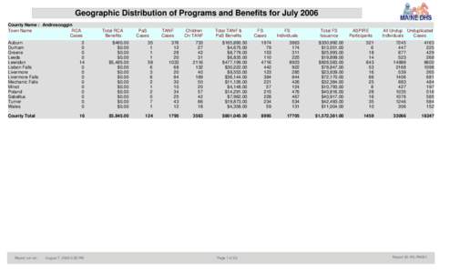 Geographic Distribution of Programs and Benefits for July 2006 County Name : Androscoggin Town Name RCA Cases