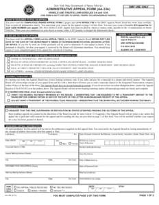 New York State Department of Motor Vehicles  DMV USE ONLY ADMINISTRATIVE APPEAL FORM (AA-33A) VEHICLE AND TRAFFIC LAW ARTICLES 3-A and 12-A