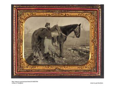 John E. Cummins of the 50th, 99th, and 185th Ohio Infantry regiments in Union uniform next to a horse