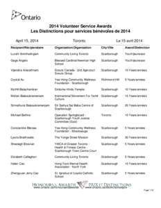 2014 Volunteer Service Awards Les Distinctions pour services bénévoles de 2014 April 15, 2014 Toronto