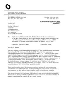 O Comptroller of the Currency Administrator of National Banks Northeastern District 340 Madison Avenue, Fifth Floor New York, New York 10017