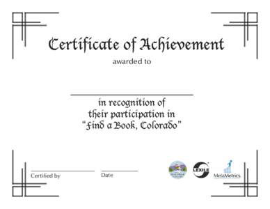 Certificate of Achievement awarded to in recognition of their participation in “Find a Book, Colorado”