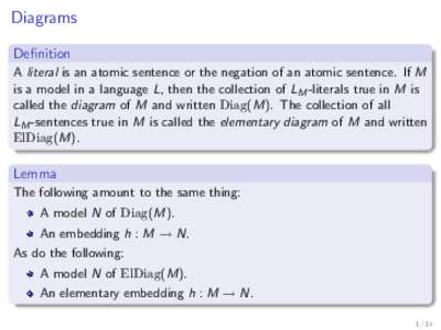 Diagrams Definition A literal is an atomic sentence or the negation of an atomic sentence. If M is a model in a language L, then the collection of LM -literals true in M is called the diagram of M and written Diag(M). Th