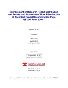 Improvement of Research Report Distribution and Access and Promotion of More Effective Use of Technical Report Documentation Page, USDOT Form[removed]September 30, 2014