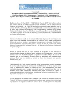 Comunicado de la Representante Especial del Secretario General para la Violencia Sexual en Conflictos, Zainab Hawa Bangura, para Conmemorar el Día Nacional para la Dignidad de las Mujeres Víctimas de Violencia Sexual e