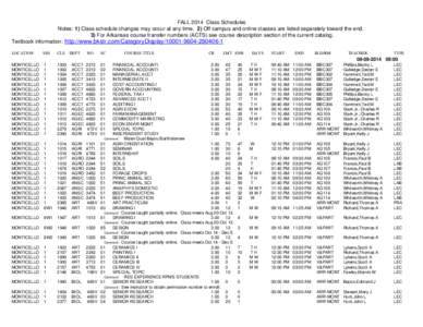 FALL 2014 Class Schedules Notes: 1) Class schedule changes may occur at any time. 2) Off campus and online classes are listed separately toward the end. 3) For Arkansas course transfer numbers (ACTS) see course descripti