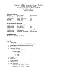 Nebraska GIS/LIS Association Board Meeting October 11, 2013 – 10:00 am Sarpy County Courthouse – Admin Conf Rm B 1210 Golden Gate Dr Papillion, NE 68046