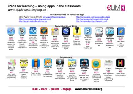 iPads for learning – using apps in the classroom www.apple4learning.org.uk Useful directories for curriculum apps eLIM Apple Tips and Tricks www.apple4learning.org.uk http://www.apple.com/uk/education/apps http://mrand
