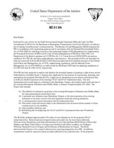 Draft Environmental Impact Statement and Land Use Plan Amendments for the Boardman to Hemingway Transmission Line Project: Dear Reader letter