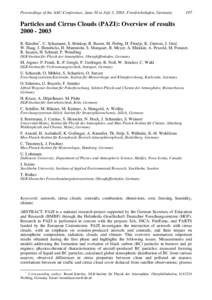 Proceedings of the AAC-Conference, June 30 to July 3, 2003, Friedrichshafen, Germany  197 Particles and Cirrus Clouds (PAZI): Overview of results