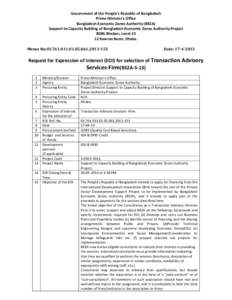 Government of the People’s Republic of Bangladesh Prime Minister’s Office Bangladesh Economic Zones Authority (BEZA) Support to Capacity Building of Bangladesh Economic Zones Authority Project BDBL Bhaban, Level-15 1