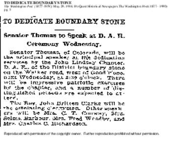 TO DEDICATE BOUNDARY STONE The Washington Post); May 29, 1916; ProQuest Historical Newspapers The Washington Postpg. 5 Reproduced with permission of the copyright owner. Further reproduction pro