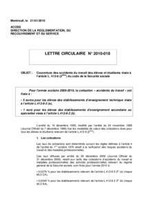 Montreuil, le[removed]ACOSS DIRECTION DE LA REGLEMENTATION, DU RECOUVREMENT ET DU SERVICE  LETTRE CIRCULAIRE N° [removed]