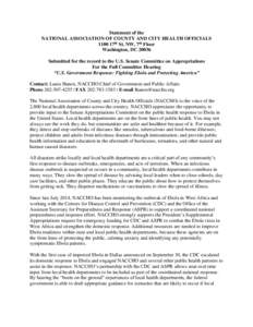 Statement of the NATIONAL ASSOCIATION OF COUNTY AND CITY HEALTH OFFICIALS 1100 17th St. NW, 7th Floor Washington, DC[removed]Submitted for the record to the U.S. Senate Committee on Appropriations For the Full Committee He