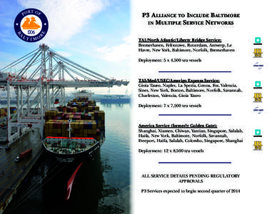 P3 Alliance to Include Baltimore in Multiple Service Networks TA1/North Atlantic/Liberty Bridge Service: Bremerhaven, Felixstowe, Rotterdam, Antwerp, Le Havre, New York, Baltimore, Norfolk, Bremerhaven Deployment: 5 x 4,