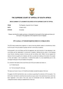 THE SUPREME COURT OF APPEAL OF SOUTH AFRICA MEDIA SUMMARY OF JUDGMENT DELIVERED IN THE SUPREME COURT OF APPEAL FROM  The Registrar, Supreme Court of Appeal