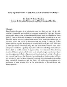 Title: “Spot Dynamics in a 2D Root Hair Plant Initiation Model.” Dr. Víctor F. Breña Medina Centro de Ciencias Matemáticas, UNAM Campus Morelia. Abstract: Patch location dynamics of an initiation process in a plan