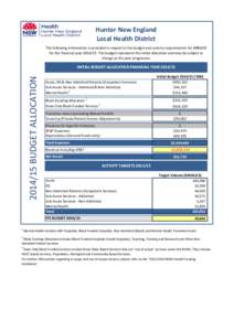 Hunter New England Local Health District The following information is provided in respect to the budget and activity requirements for HNELHD for the financial year[removed]The budget represents the initial allocation an