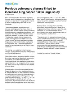 Previous pulmonary disease linked to increased lung cancer risk in large study