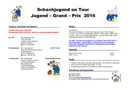 Schachjugend on Tour Jugend – Grand – Prix 2016 Termine, Ausrichter und Spielort Modus