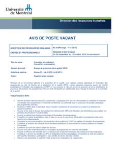 Direction des ressources humaines  AVIS DE POSTE VACANT DIRECTION DES RESSOURCES HUMAINES  No d’affichage : H14-09-03