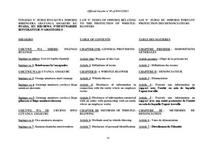 Official Gazette n°45 of[removed]ITEGEKO N° [removed]RYO KUWA[removed]LAW N° [removed]OF[removed]RELATING LOI N° [removed]DU[removed]PORTANT RIRENGERA ABATANGA AMAKURU KU TO THE PROTECTION OF WHISTLE- PROTEC