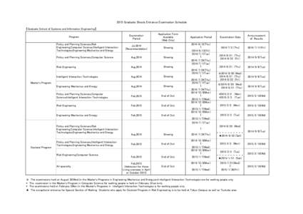 2015 Graduate Shools Entrance Examination Schedule 【Graduate School of Systems and Information Engineering】 Program Application Form Available