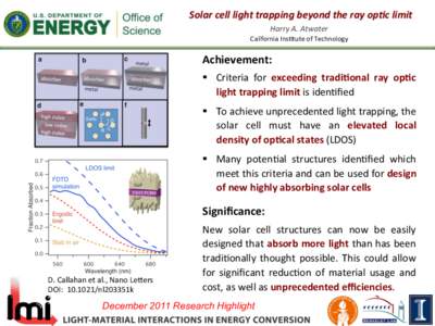 Solar	
  cell	
  light	
  trapping	
  beyond	
  the	
  ray	
  op2c	
  limit	
   Harry	
  A.	
  Atwater	
   California	
  Ins,tute	
  of	
  Technology	
   Achievement:	
   	
  