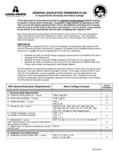 GENERAL EDUCATION TRANSFER PLAN To Azusa Pacific University from Norco College This transfer plan is to be used as a guide for traditional undergraduate students wishing to transfer to Azusa Pacific University. Completio