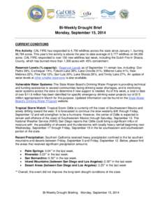 Bi-Weekly Drought Brief Monday, September 15, 2014 CURRENT CONDITIONS Fire Activity: CAL FIRE has responded to 4,750 wildfires across the state since January 1, burning 86,784 acres. This year’s fire activity is above 