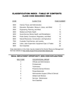 CLASSIFICATION INDEX - TABLE OF CONTENTS CLASS CODE SEQUENCE INDEX CODE CLASS TITLE