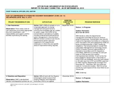 ACTION PLAN IMPLEMENTATION STATUS UPDATE REPORT TO THE AUDIT COMMITTEE - AS OF SEPTEMBER 30, 2010 CHIEF FINANCIAL OFFICER (CFO) SECTOR AUDIT OF COMPREHENSIVE INTEGRATED DOCUMENT MANAGEMENT (CIDM[removed]AEC APPROVAL DA