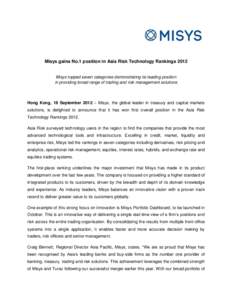Misys gains No.1 position in Asia Risk Technology RankingsMisys topped seven categories demonstrating its leading position in providing broad range of trading and risk management solutions  Hong Kong, 18 September