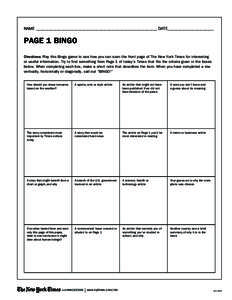 NAME __________________________________________________________ DATE ______________________  PAGE 1 BINGO Directions: Play this Bingo game to see how you can scan the front page of The New York Times for interesting or u