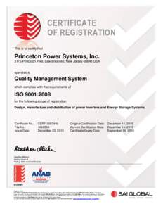 CERTIFICATE OF REGISTRATION This is to certify that Princeton Power Systems, IncPrinceton Pike, Lawrenceville, New JerseyUSA