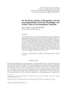 Journal of Behavioral Decision Making J. Behav. Dec. Making, 19: 333–[removed]Published online 7 September 2006 in Wiley InterScience