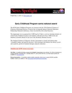 Posted Dec. 1, 2010, on www.jcpsky.net       Early Childhood Program earns national award