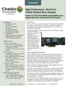 T420-BT High Performance, Dual Port 10GbE Unified Wire Adapter Highlights 