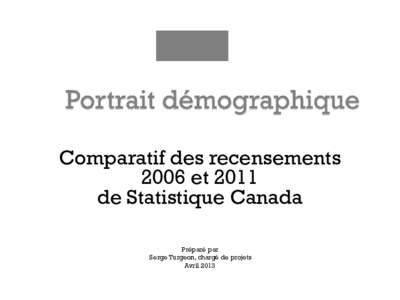 Comparatif des recensements 2006 et 2011 de Statistique Canada Préparé par Serge Turgeon, chargé de projets Avril 2013