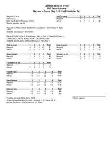 Lacrosse Box Score (FinalDenver Lacrosse Maryland vs Denver (May 25, 2015 at Philadelphia, Pa.) Marylandvs. DenverDate: May 25, 2015 • Attendance: 24215