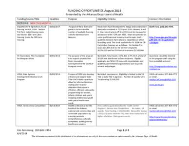 FUNDING OPPORTUNITIES August 2014 Presented by the Arkansas Department of Health Funding Source/Title Deadline