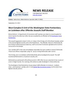 NEWS RELEASE FOR IMMEDIATE RELEASE www.doc.wa.gov Contact: Selena Davis, Media Relations Specialist[removed]September 19, 2012