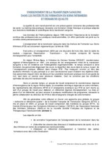 ENSEIGNEMENT DE LA TRANSFUSION SANGUINE DANS LES ETABLISSEMENTS DE FORMATION EN SOINS INFIRMIERS ET DEMARCHE QUALITE