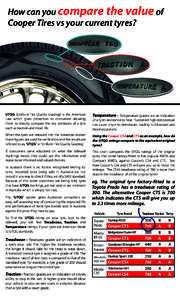 How can you compare the value of Cooper Tires vs your current tyres? UTQG (Uniform Tire Quality Grading) is the American Law which gives protection to consumers allowing them to directly compare the key attributes of a t