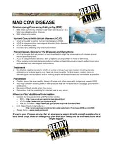 MAD COW DISEASE Bovine spongiform encephalopathy (BSE)    BSE more commonly referred to as “mad cow disease,” is a